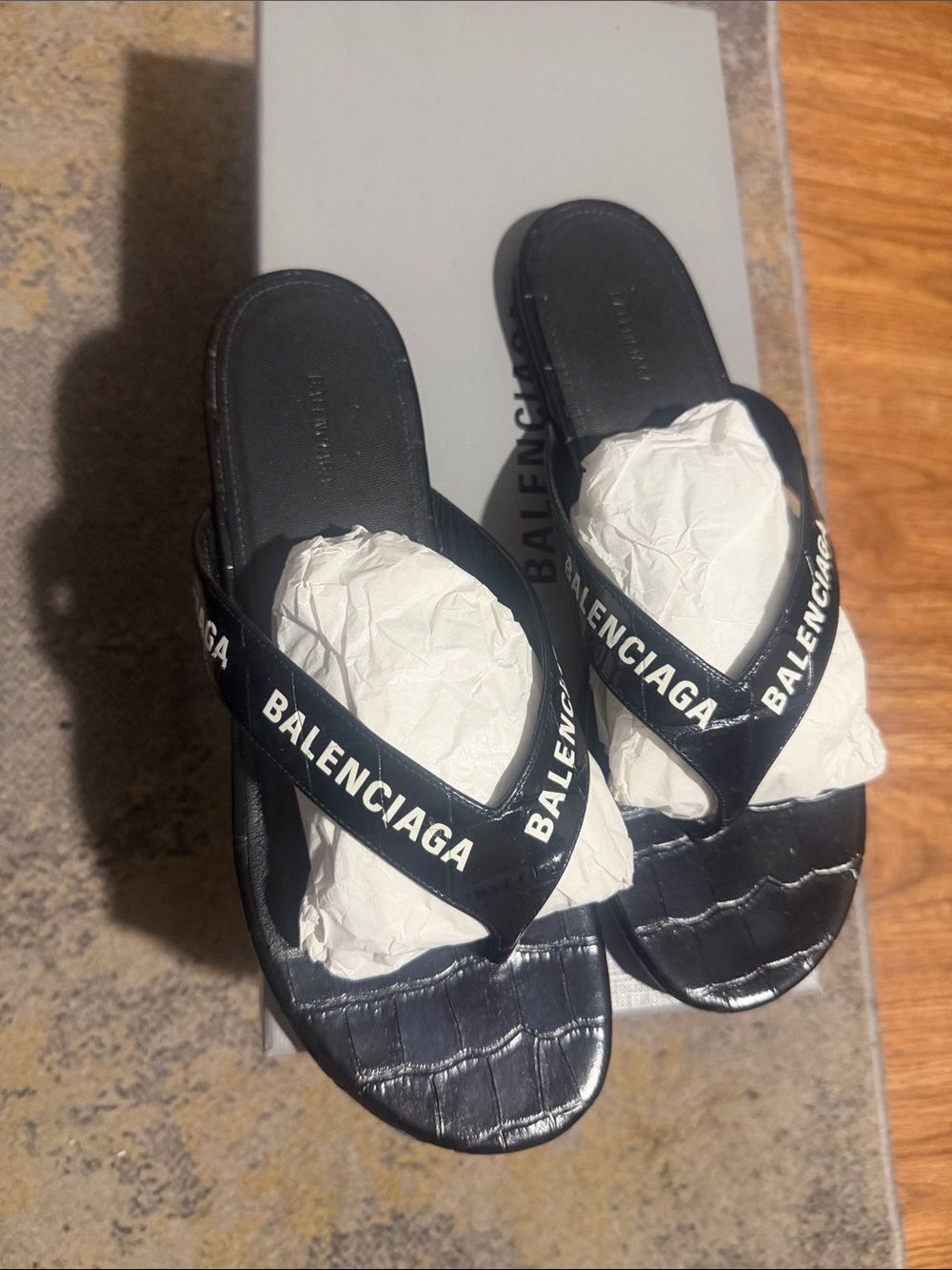Balenciaga Black Thong Slide Sandals with White Logo